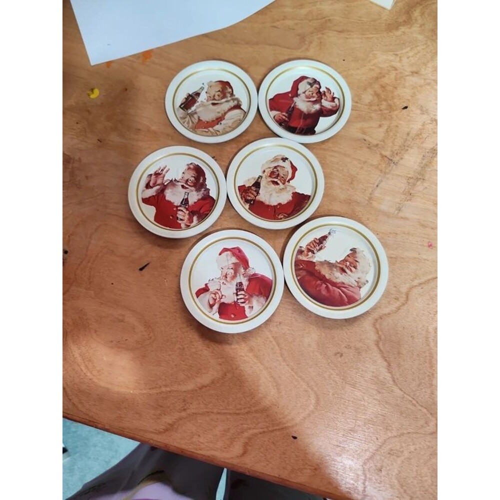 6 vintage Coca Cola  Santa drink coasters metal